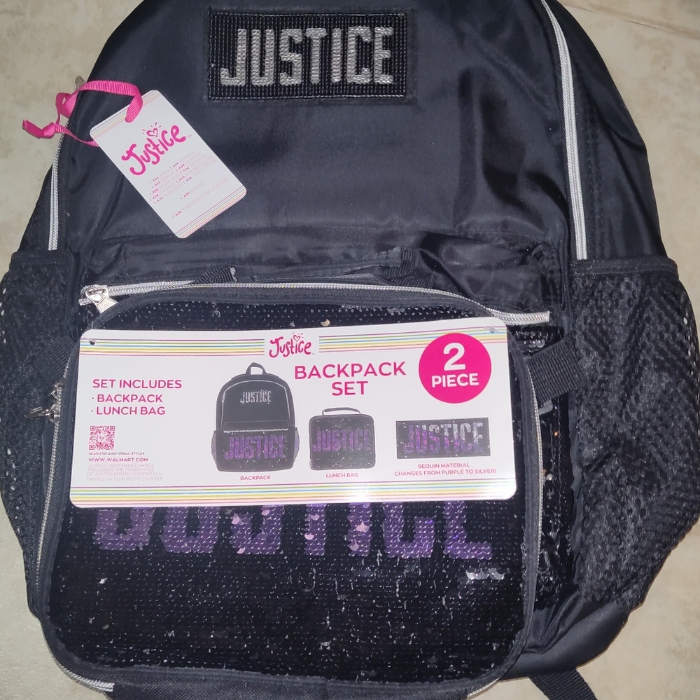 Justice Girls’ Sequin Backpack and Lunch Tote, 2-Piece Set Black Purple Silver